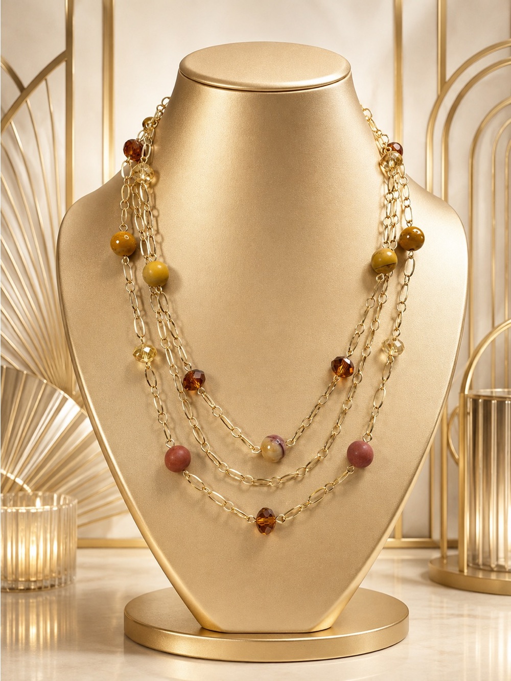 🆕WOW!Multi-Strand Genuine Mookaite Necklace with Amber and Earth-Tone